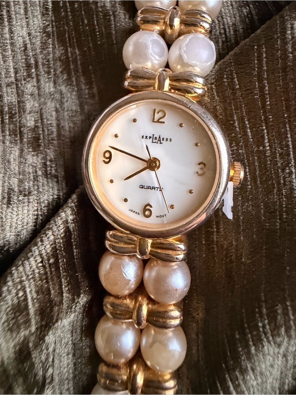 Express Gold Tone Watch with White Pearl Bracelet